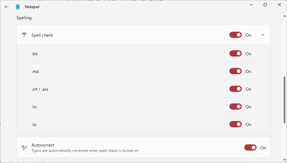 Notepad Spelling Settings