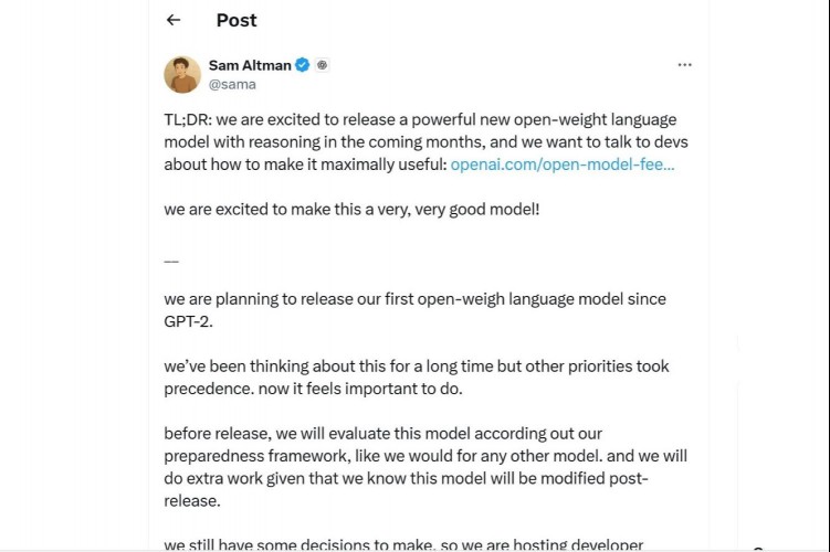 Sam Altman's X post about OpenAI's open weight model.