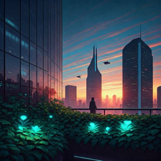 Oil painting of a skyline generated by Opera Aria AI chatbot.