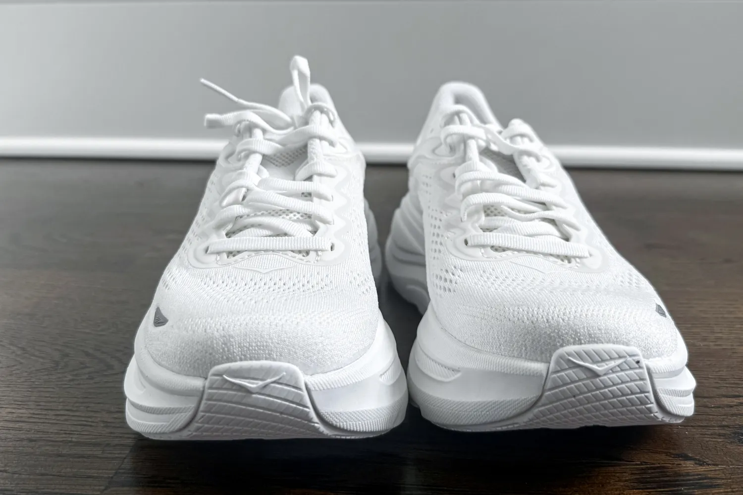 The toes on a pair of HOKA Men's Bondi 9 Running Shoes