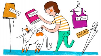 illustration of woman labeling all her things with the name pietro
