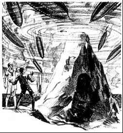 A man is pointing into the air; several torpedo-shaped objects fall from the sky.