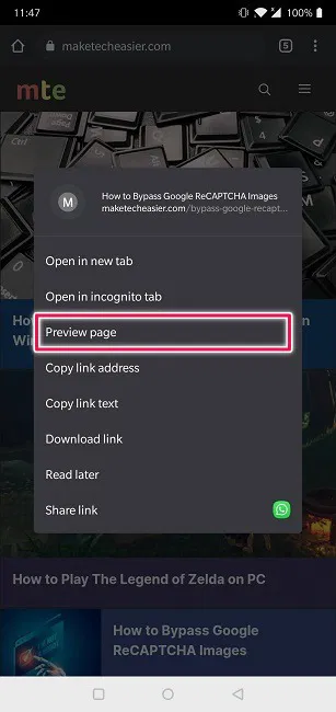 Preview Links Chrome Android Select Option