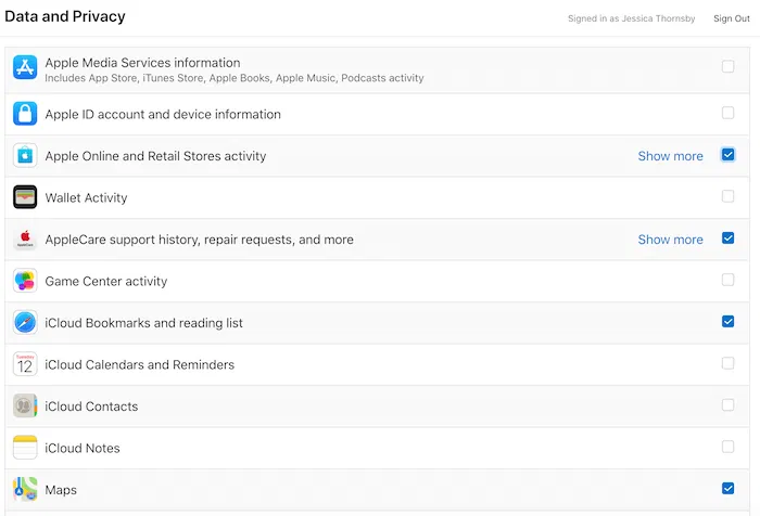 Privacy Apple Data You can access all the data related Apple's products and services.
