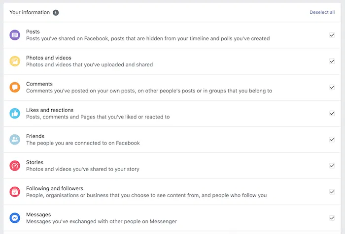 Privacy Download Your Facebook Data You can download a wide range of data from your Facebook account.