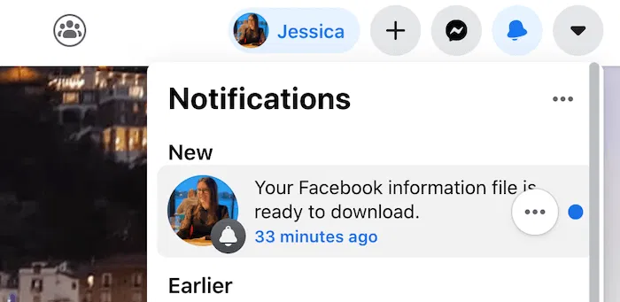 Privacy Facebook Data Notification You'll receive a Facebook notification when your data is ready to download.