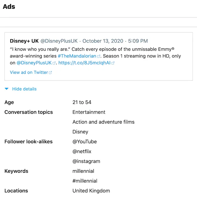 Privacy Twitter Ads Twitter's data download includes detailed advertising information.