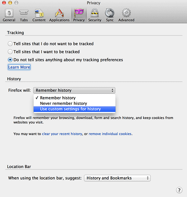 Select 'Use custom settings for history.'