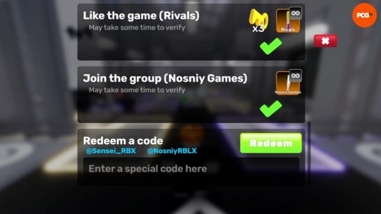 Menu for redeeming Rivals codes