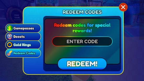 Menu to redeem Sonic Speed ​​Simulator codes