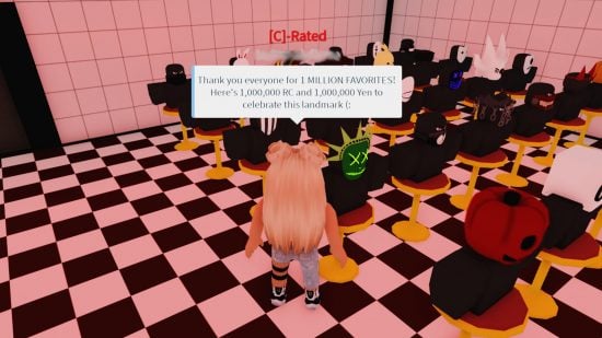 Roblox Ro Ghoul Codes: A character in Ro Ghoul stands in a restaurant with a message written above his head 