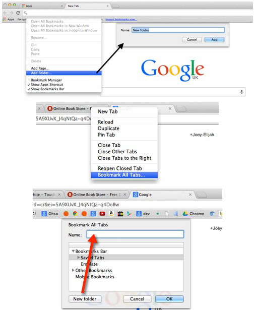 Create a new bookmarks folder and right-click any tab to bookmark them all to save for later.