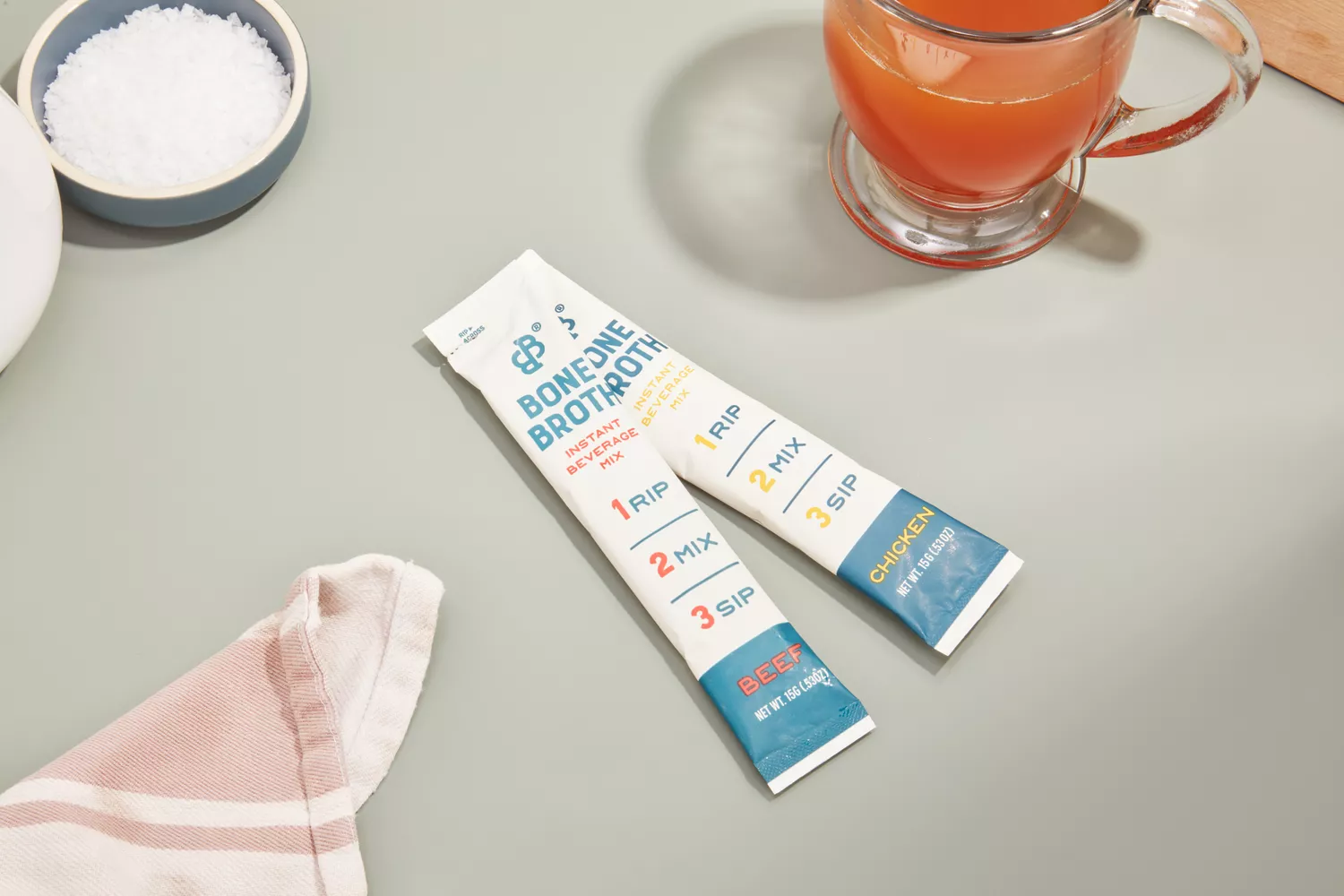 Two packets of Bare Bones Bone Broth Instant Powdered Beverage Mix