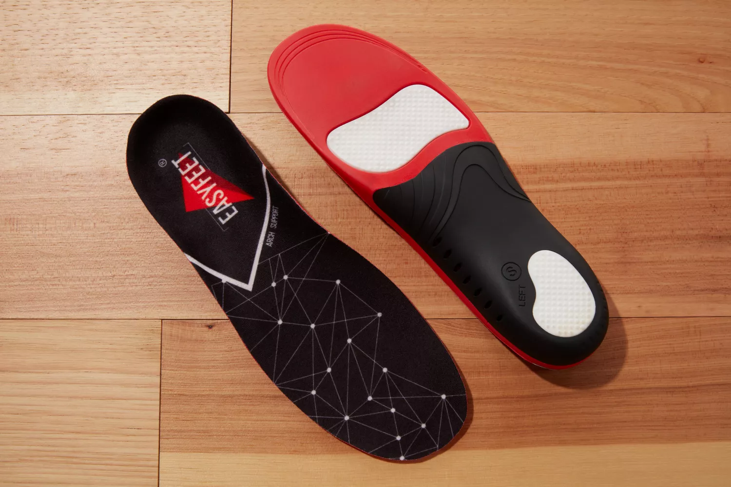 Both sides of EasyFeet Plantar Fasciitis Arch Support Insoles displayed on a wood floor