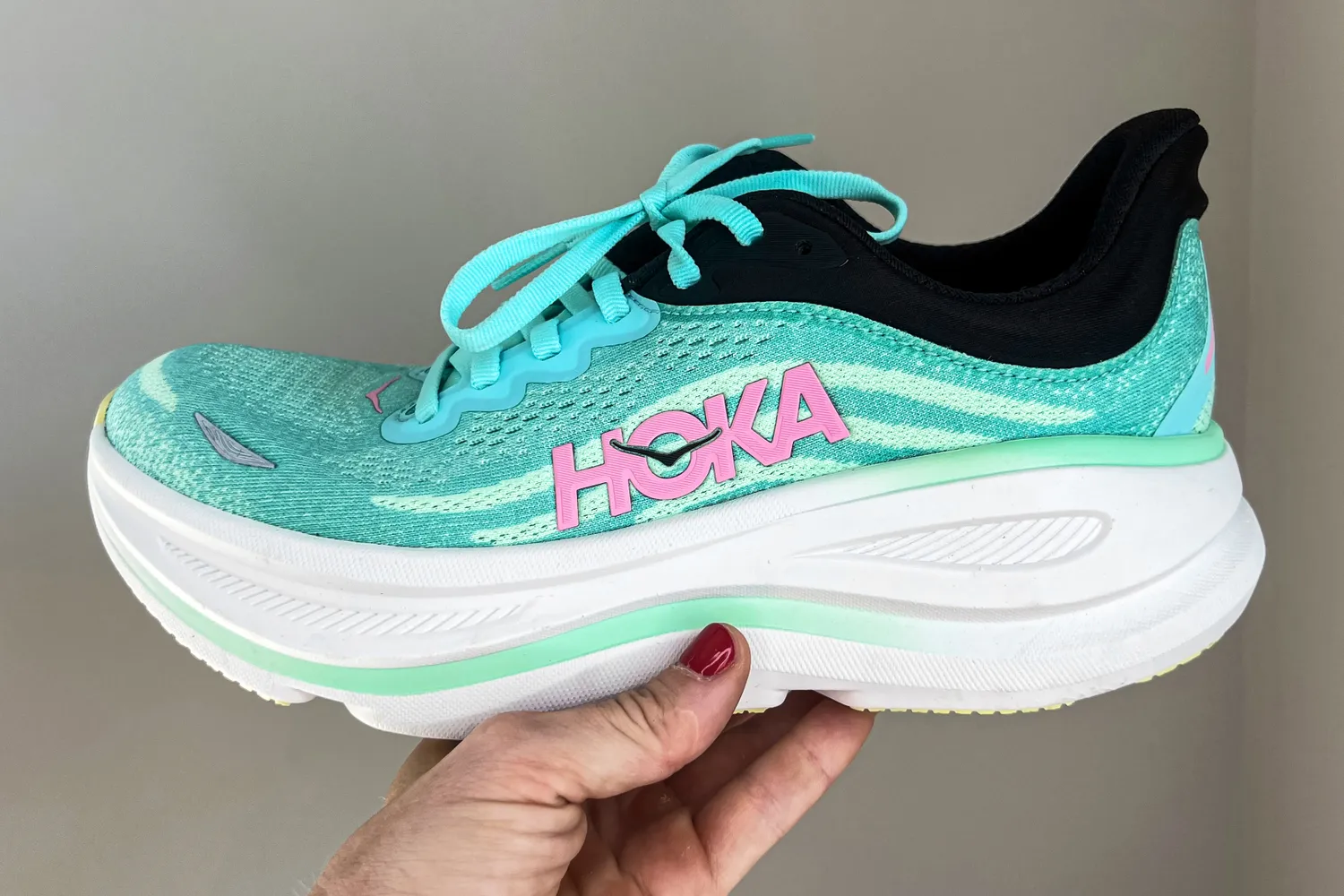 The brand name on the side of the Hoka Women's Bondi 9 Running Shoe