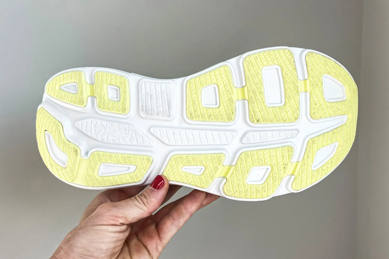 The treads on the bottom of the Hoka Women's Bondi 9 Running Shoes