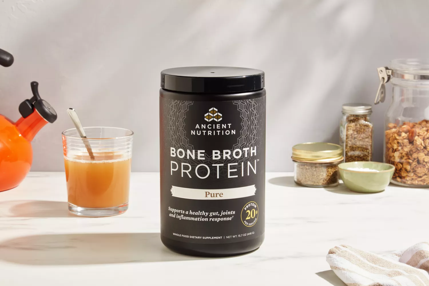 A canister of Ancient Nutrition Bone Broth Protein