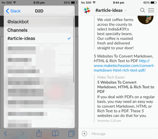 Tapping the Slack button will show a pop-up with the page in the field.