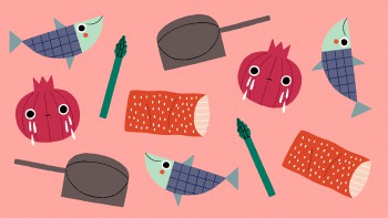 illustration of weeping onions, fish, and asparagus spanish swear words