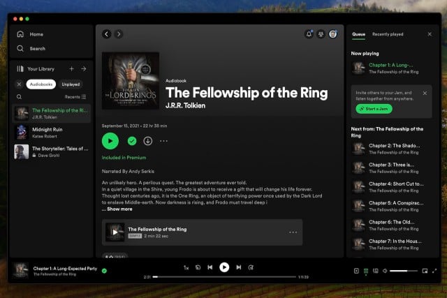 The Spotify Audiobooks on the desktop app showing Lord of the Rings.