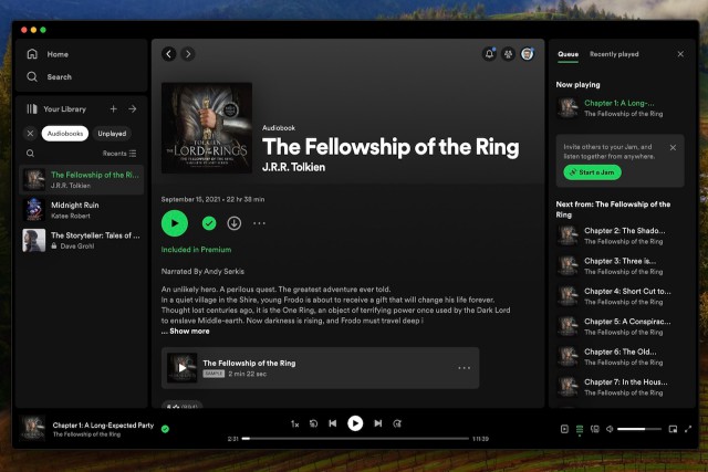 The Spotify Audiobooks on the desktop app showing Lord of the Rings.