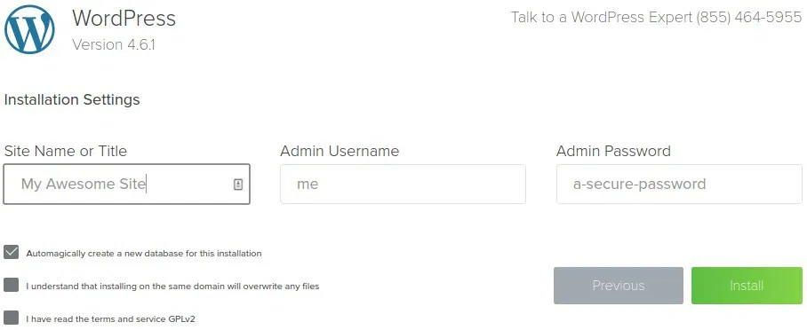 WordPress installation settings on Bluehost.