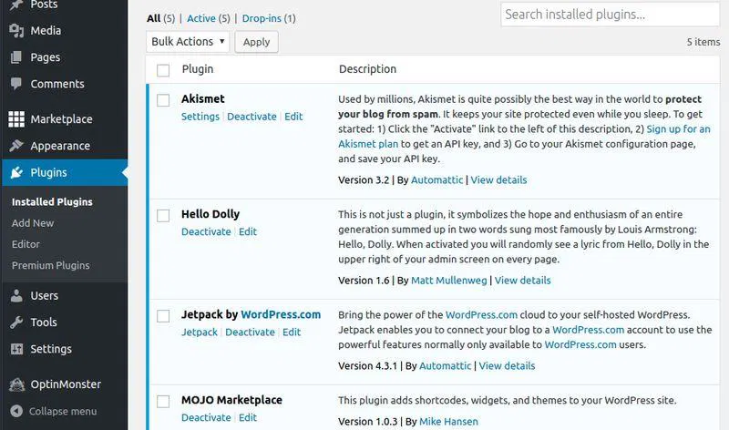 Installed WordPress plugins.