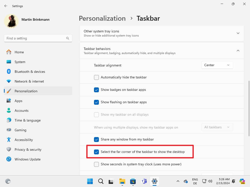 Enable Show Desktop on Windows 11