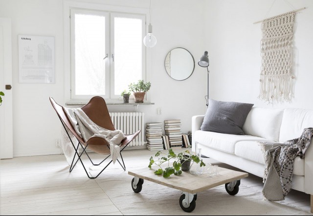 causal small living room with neutral palette