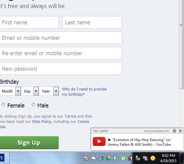 Tab Notifier pop-up notification.