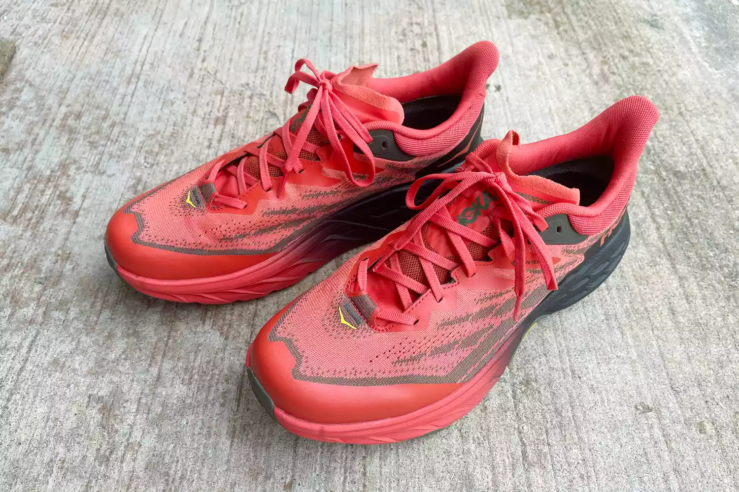 A pair of Hoka Men's Speedgoat 5 GTX Trail Running Shoes placed on surface