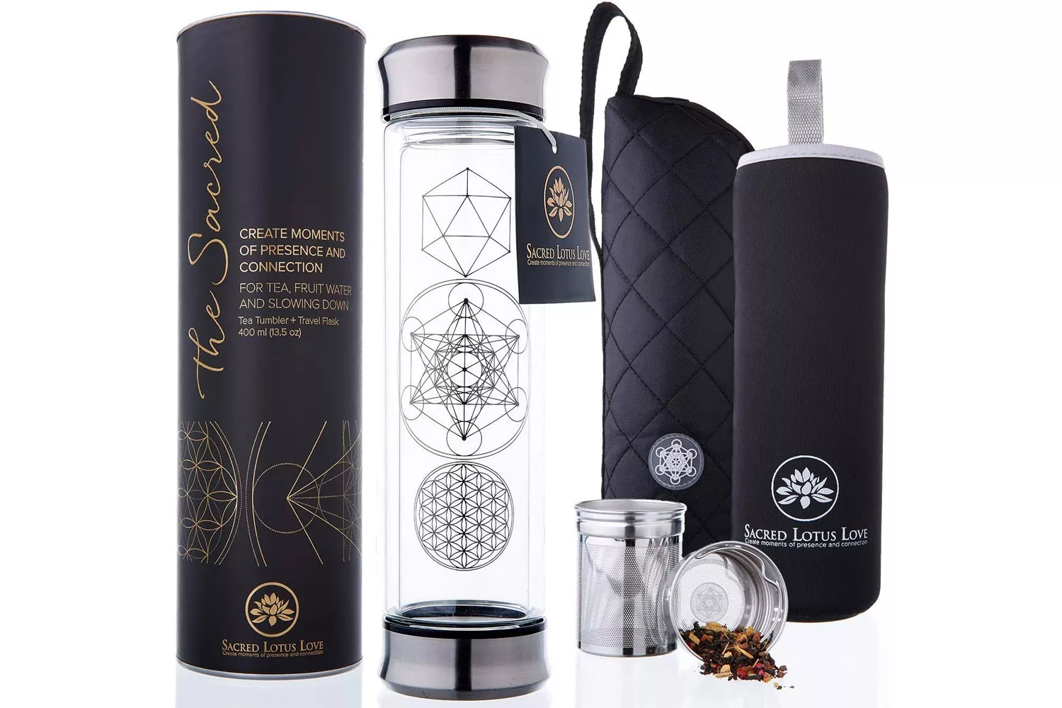 The Sacred Tea Bottle with Infuser &amp; Strainer Combo - BPA Free Glass Travel Tumbler with Stainless Steel Filter. Leakproof Tea Mug for Loose Leaf Tea...