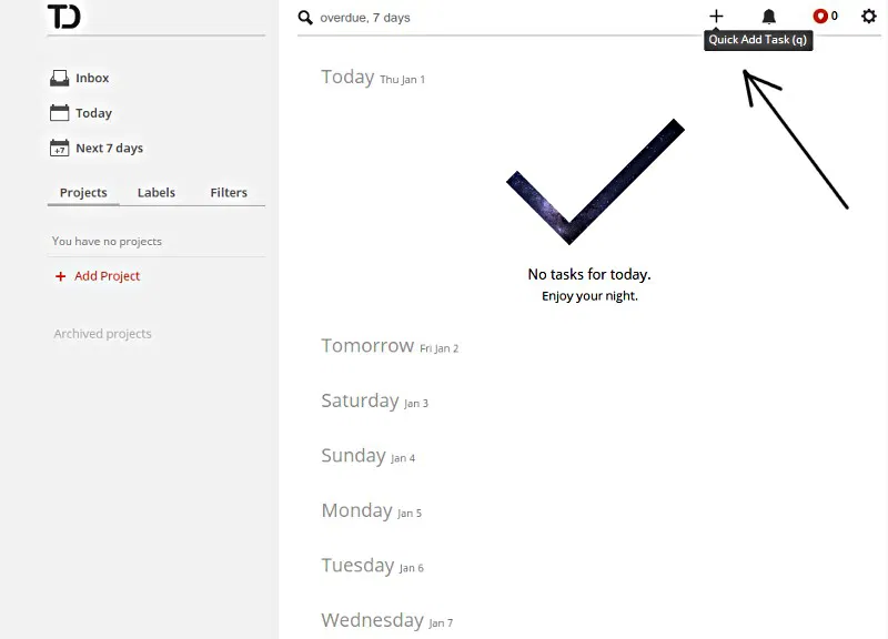 The Todoist Web dashboard. The Todoist Web dashboard.