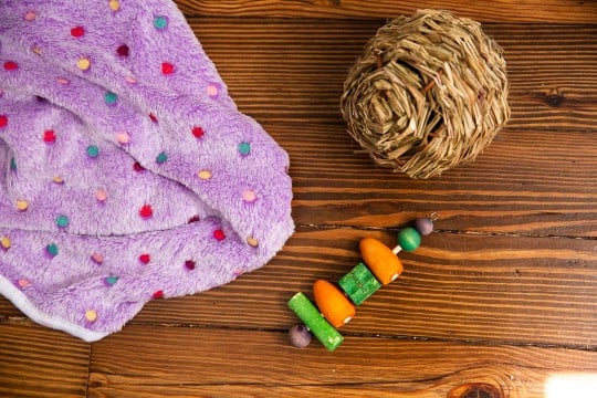 Purple spotted towel, wicker ball and link baby toy for rabbit