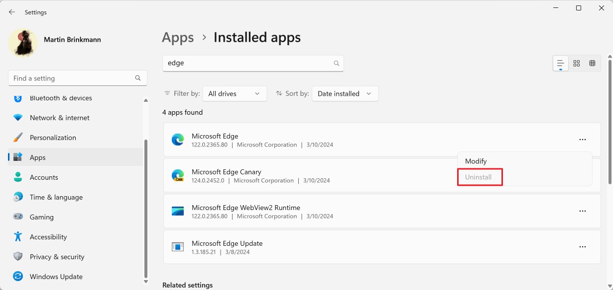 uninstall edge