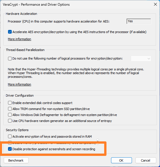 VeraCrypt Screenshot and Recording protection