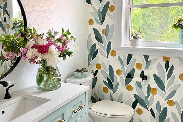 Bathroom budget remodel with wallpaper and peel and stick tiles