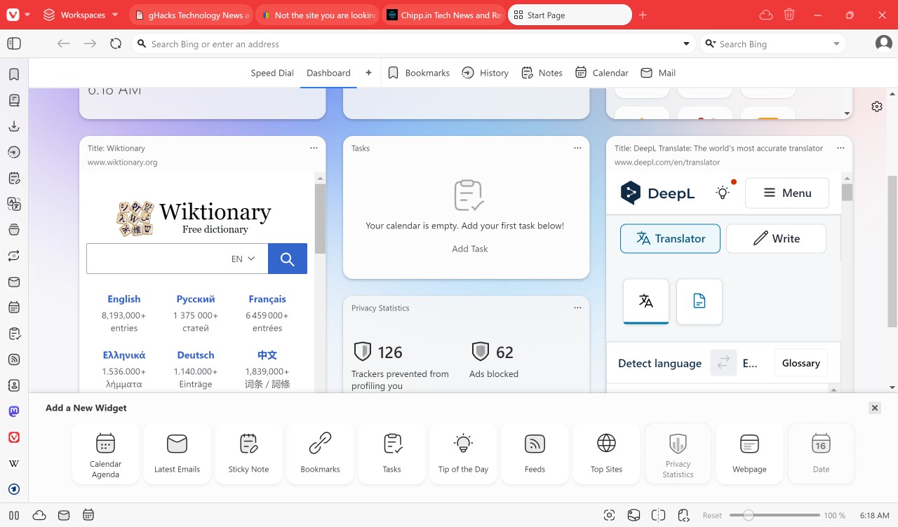 Vivaldi Browser dashboard