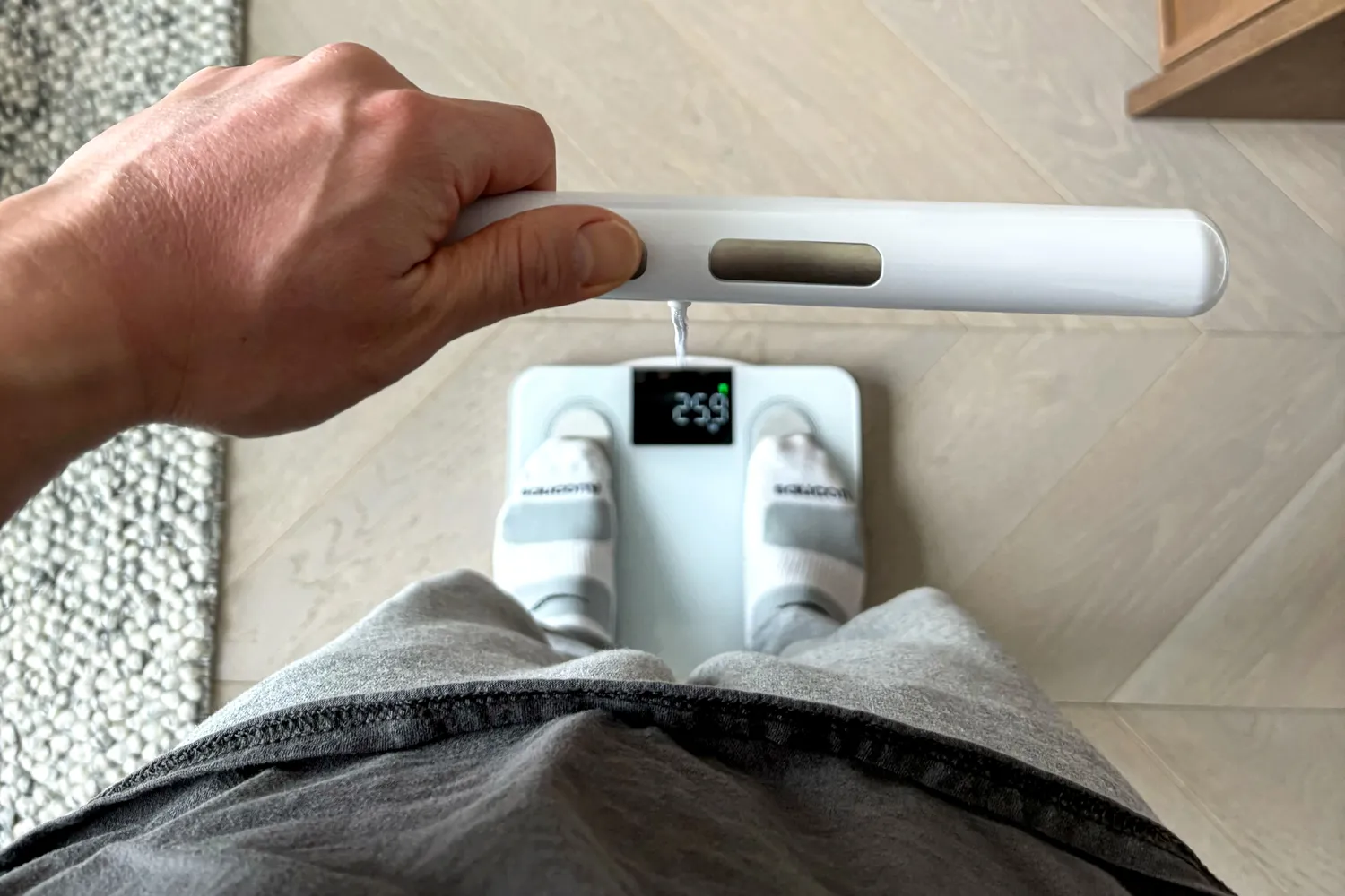A person holds the heart rate monitor on the Arboleaf CS10E Segmental Body Scale