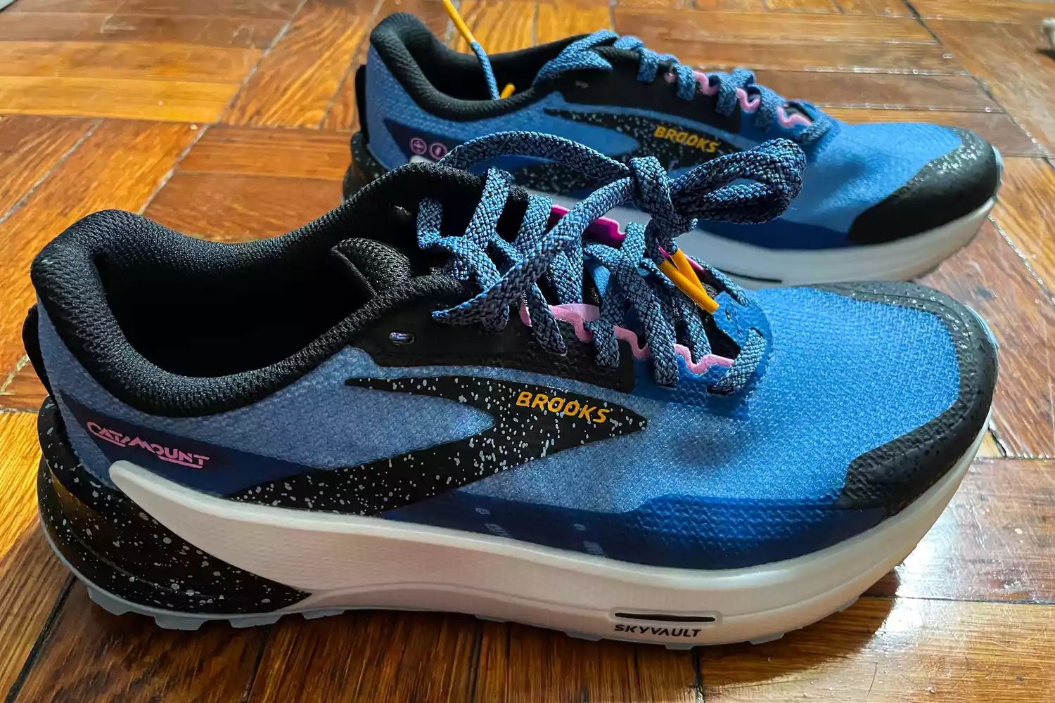 Teo Brooks Catamount 2 Trail Running Shoes posed on a wooden floor