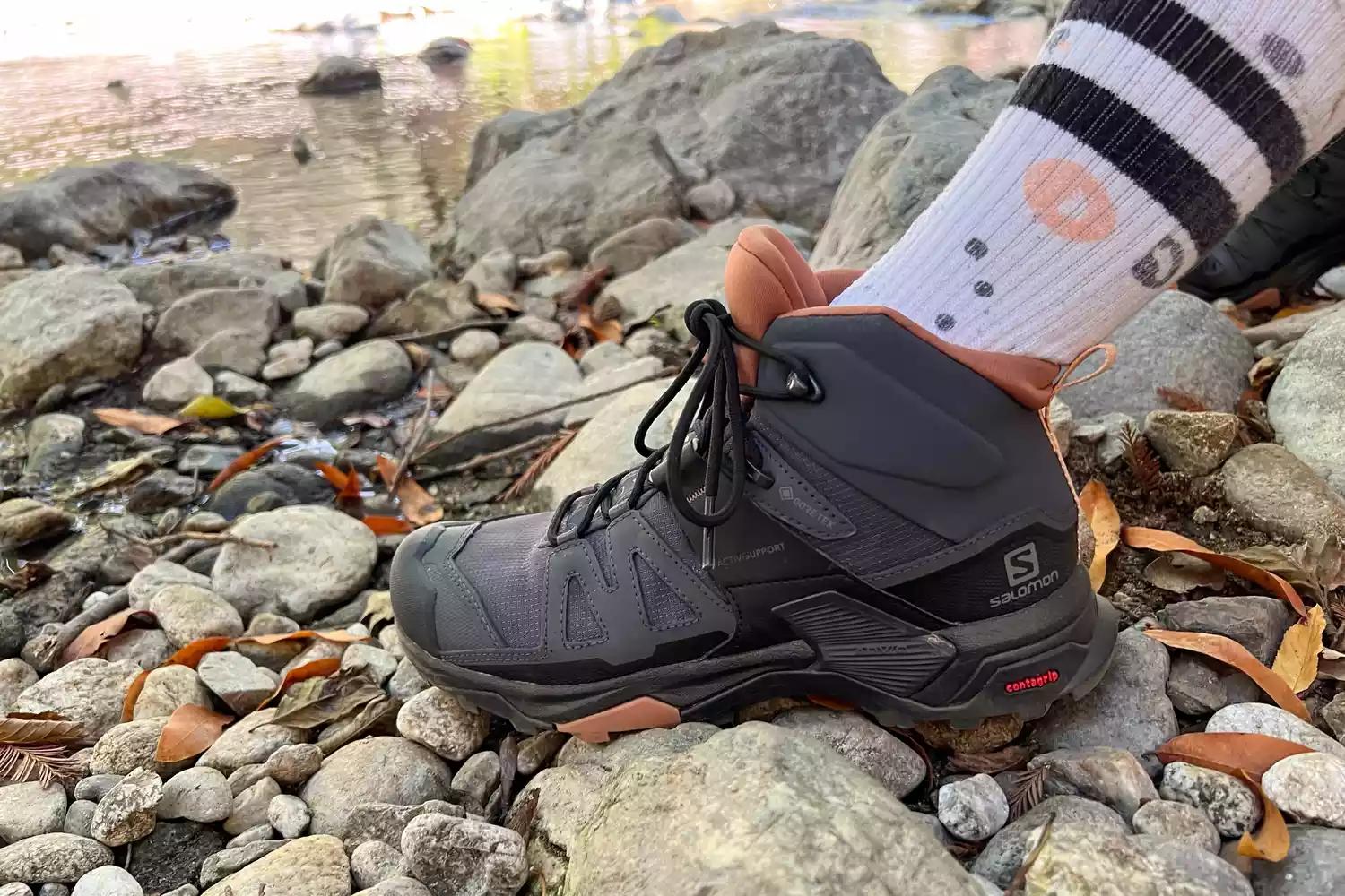 Foot wearing Salomon X Ultra 4 Mid Gore-tex Boots on rocks next to a creek