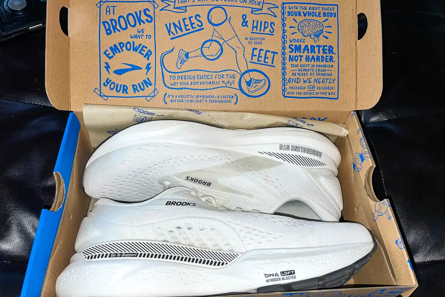 A pair of Brooks Men's Adrenaline GTS 24 Running Shoes in a shoebox