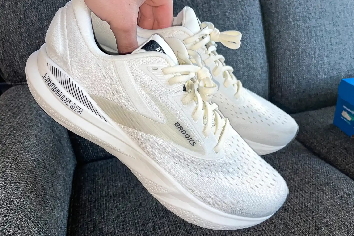 A person holds up a pair of Brooks Men's Adrenaline GTS 24 Running Shoes