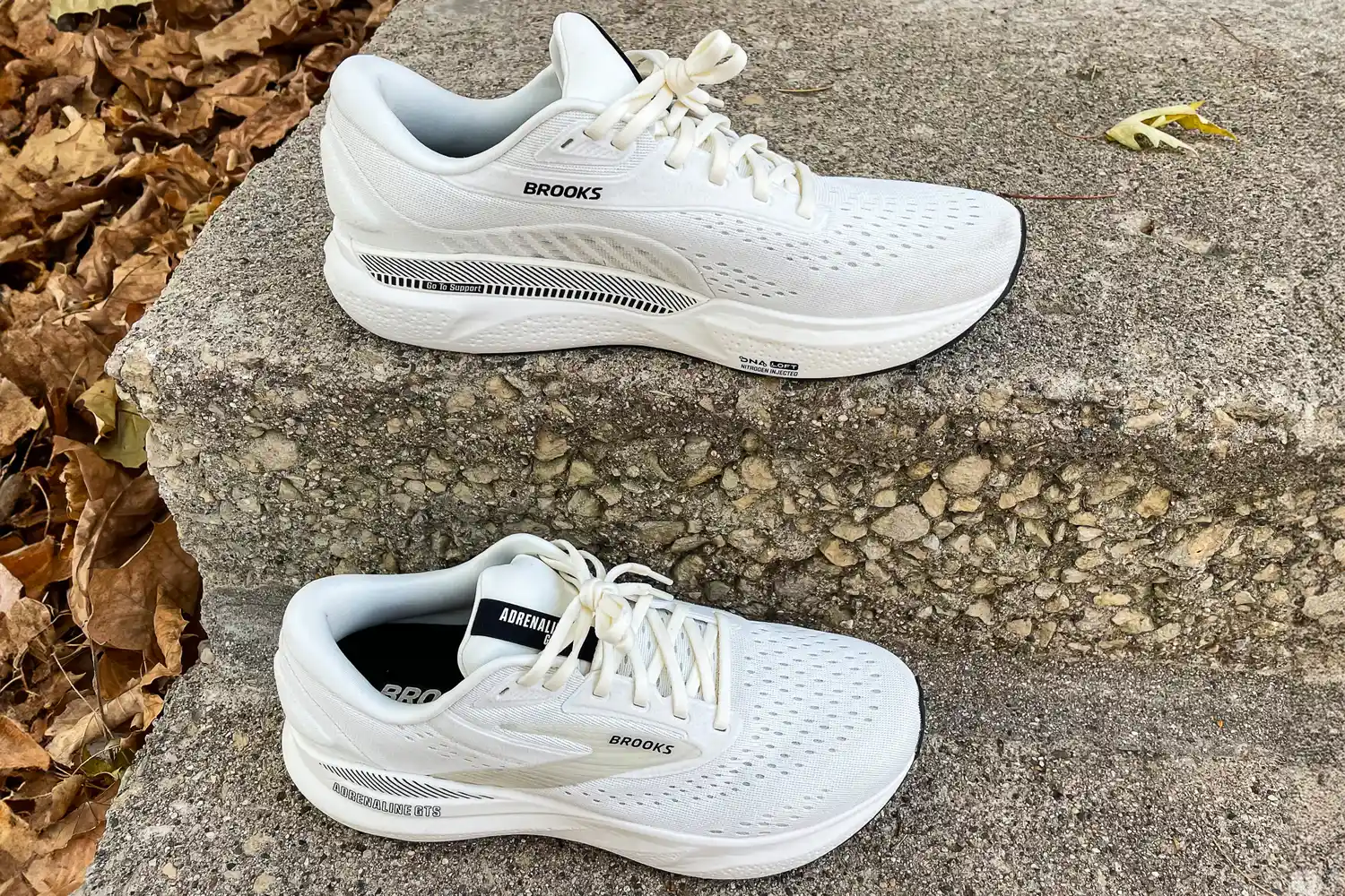 The Brooks Men's Adrenaline GTS 24 Running Shoes on stone steps