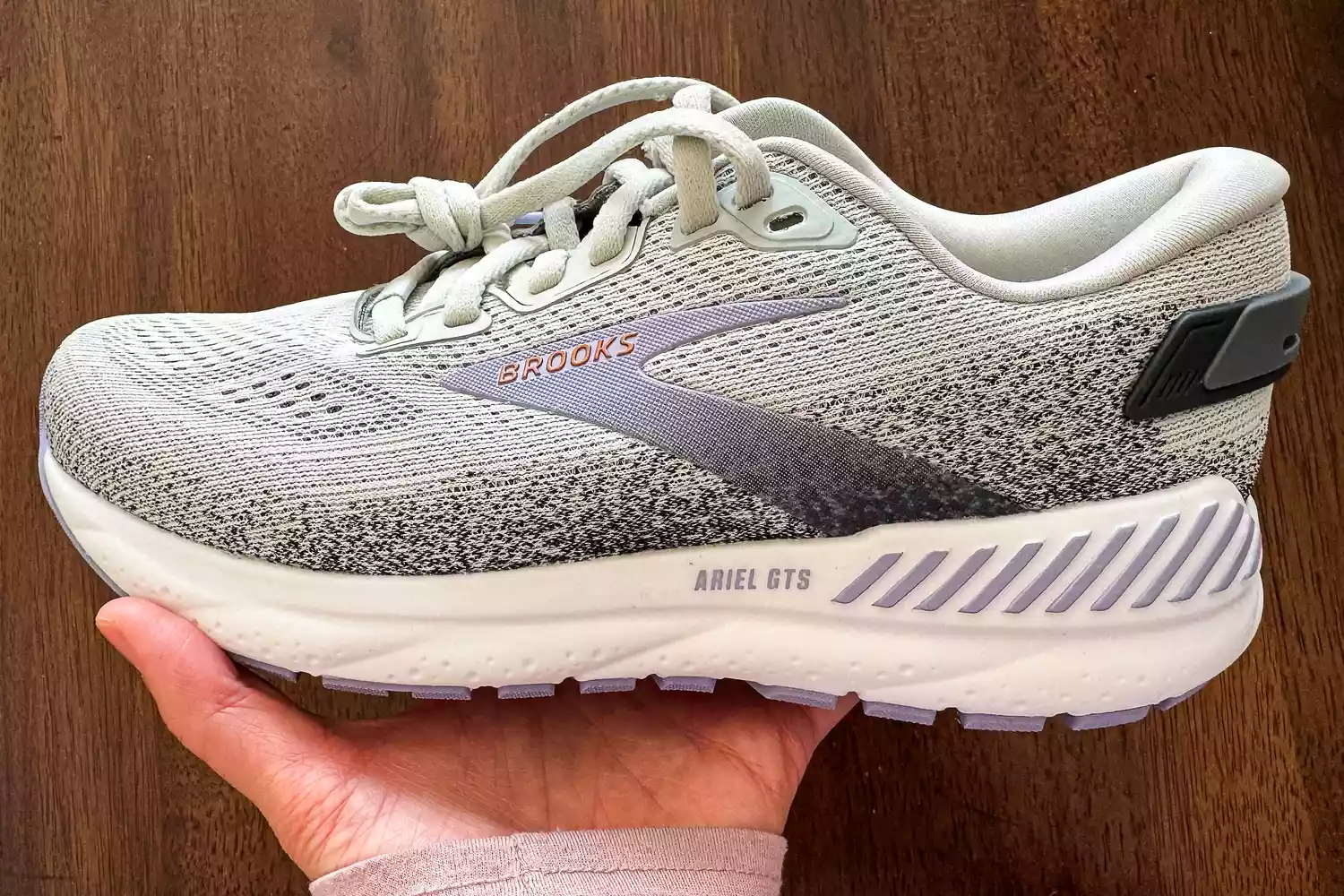 A person holds up the Brooks Women's Ariel GTS 24 Running Shoes