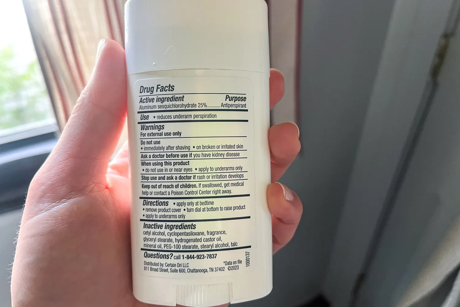 The information printed on the back of the Certain Dri Extra Strength Antiperspirant Deodorant