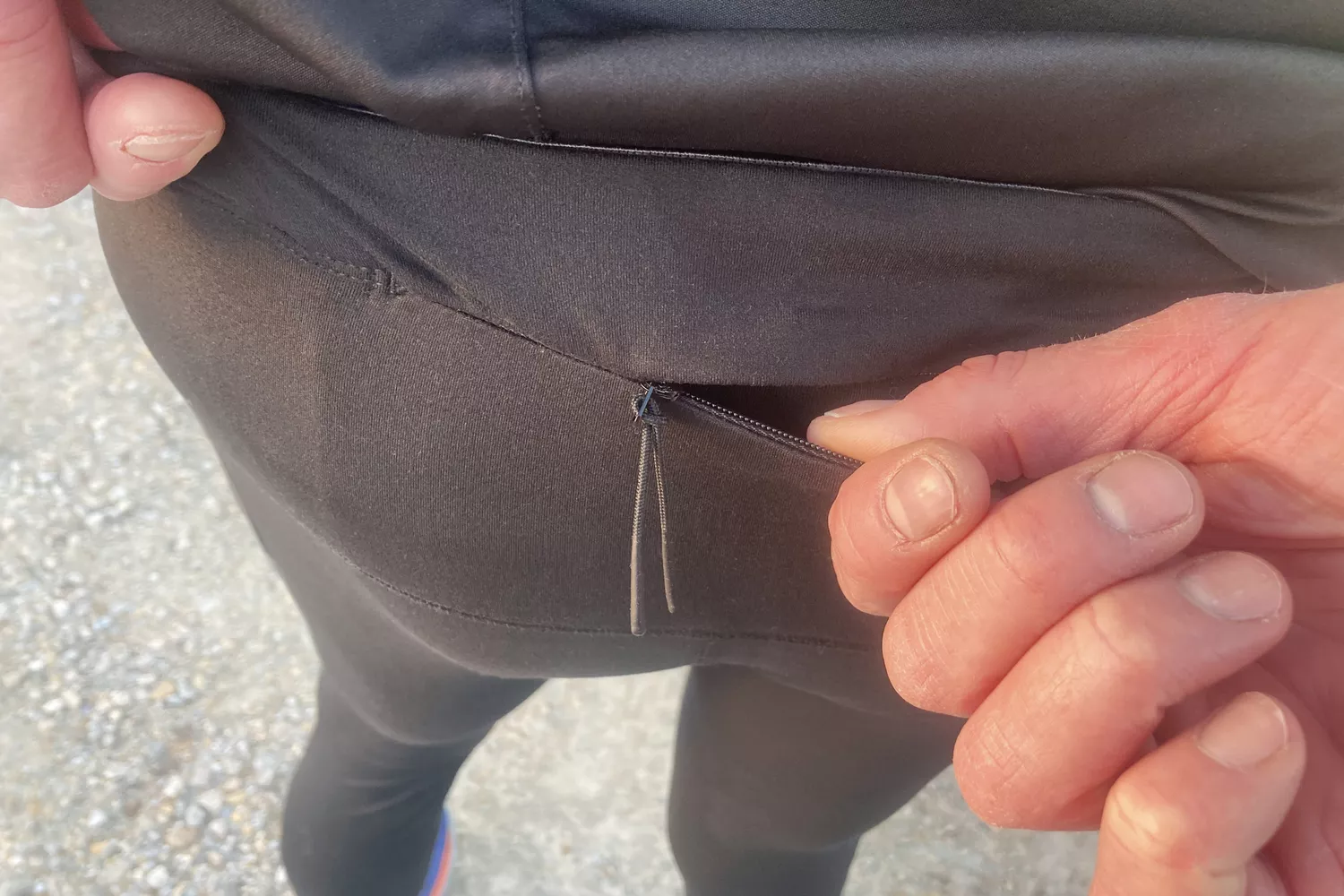 Close up of the zipper on Rabbit Men's Pocket Tightz