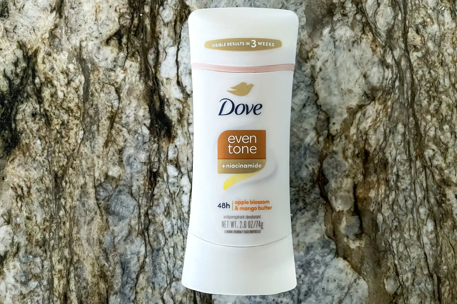 The front of the Dove Even Tone 48-Hour Antiperspirant & Deodorant Stick