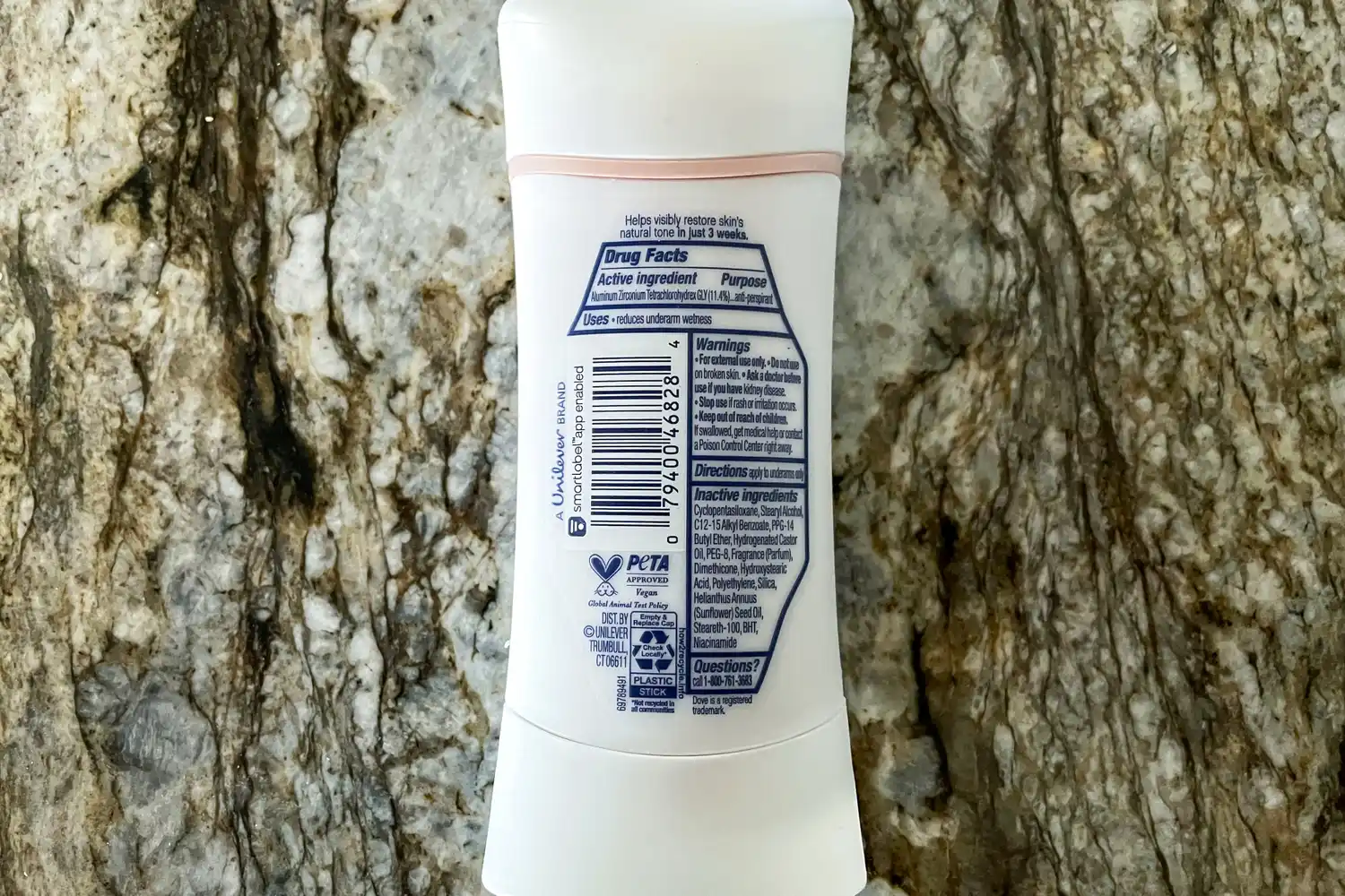 The back of the Dove Even Tone 48-Hour Antiperspirant & Deodorant Stick