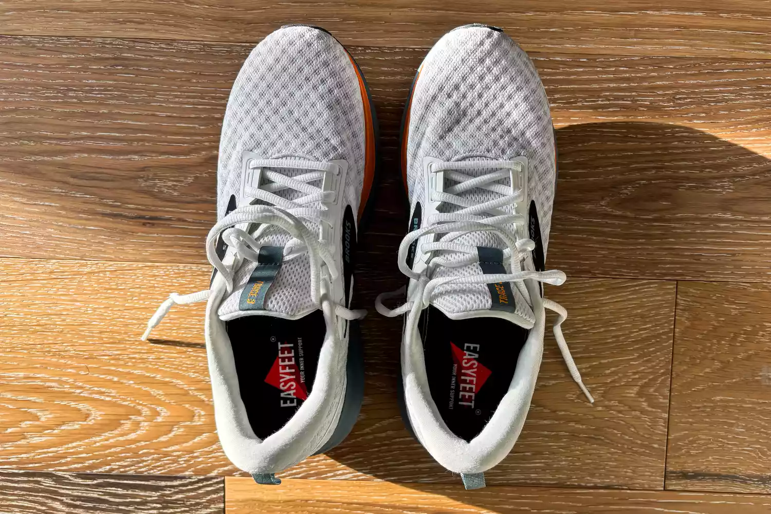 An overhead view of the EasyFeet Black Onyx Pain Relief Premium Orthotics inside a pair of sneakers